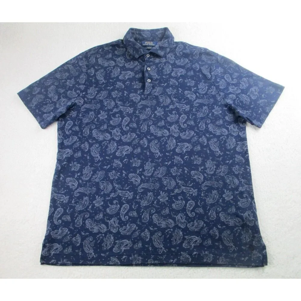 Ralph Lauren Polo Shirt Mens L Classic Fit Blue‎ Paisley AOP Short Sleeve Golf